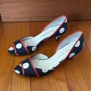 bettye muller Navy and White Polka Dot Peep-Toe Heels with Red Trim “Vero Cuoio”
